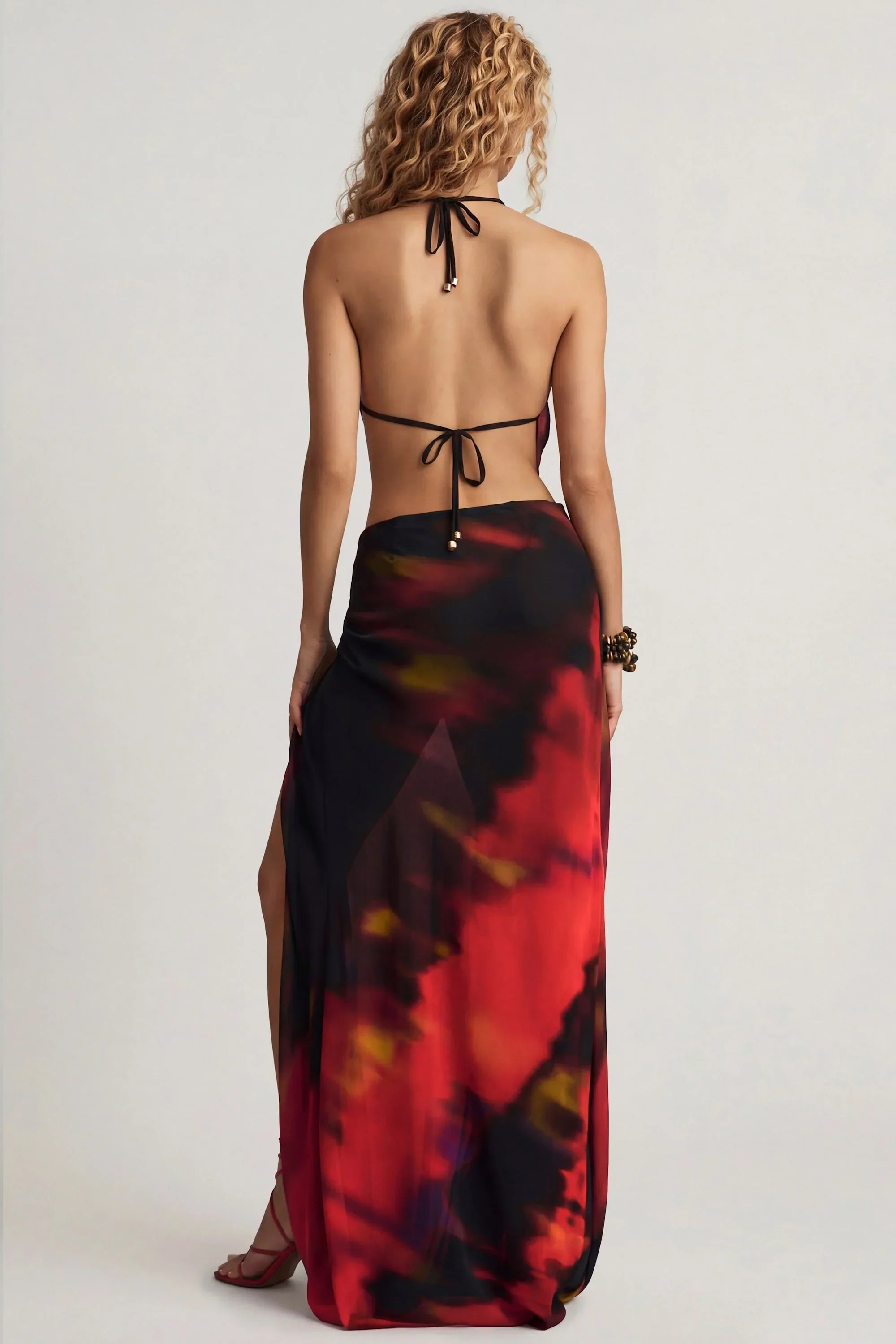 Mid Rise Split Maxi Skirt in Red Blurred Print