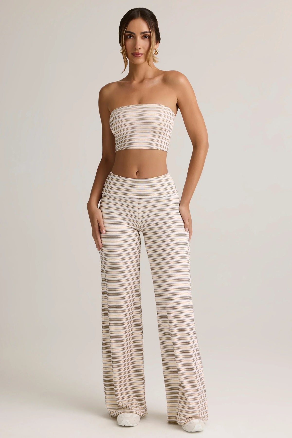 Modal Foldover Wide Leg Trousers in Pink Yellow Stripe