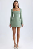 Square Neck Structured Tulip Mini Dress in Khaki Green