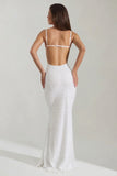 Embellished Cowl Neck Backless Maxi Dress in White