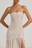 Semi Sheer Embellished Asymmetric Maxi Dress in White