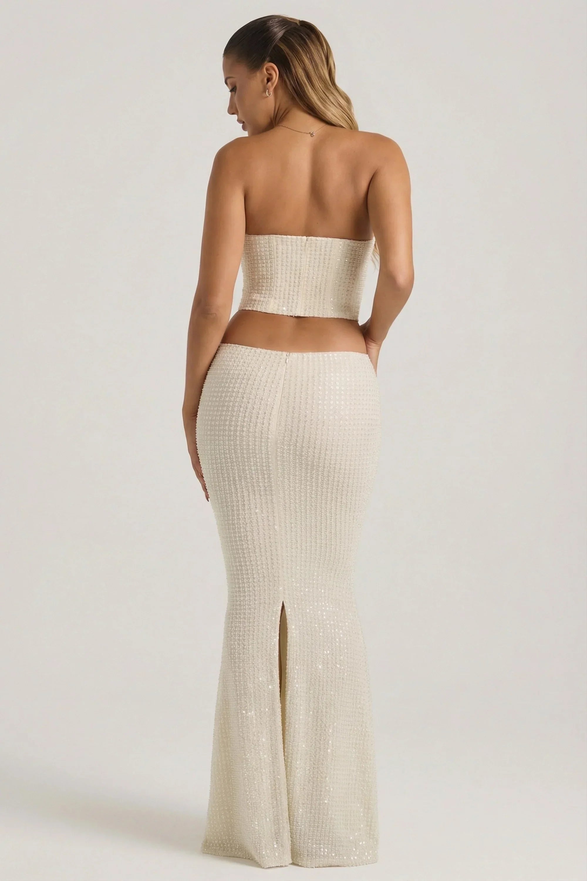 Embellished Cut Out Draped Corset Gown in White
