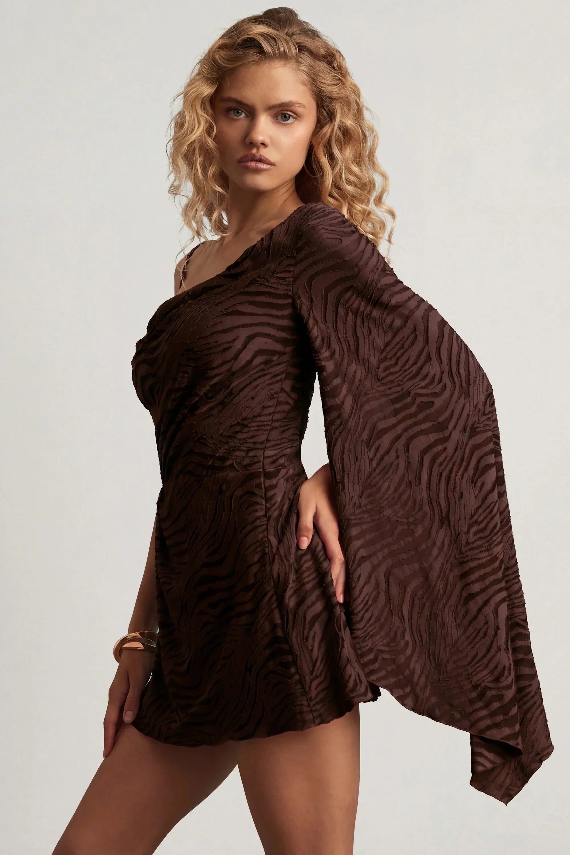 Devoré One Sleeve A Line Mini Dress in Dark Chocolate