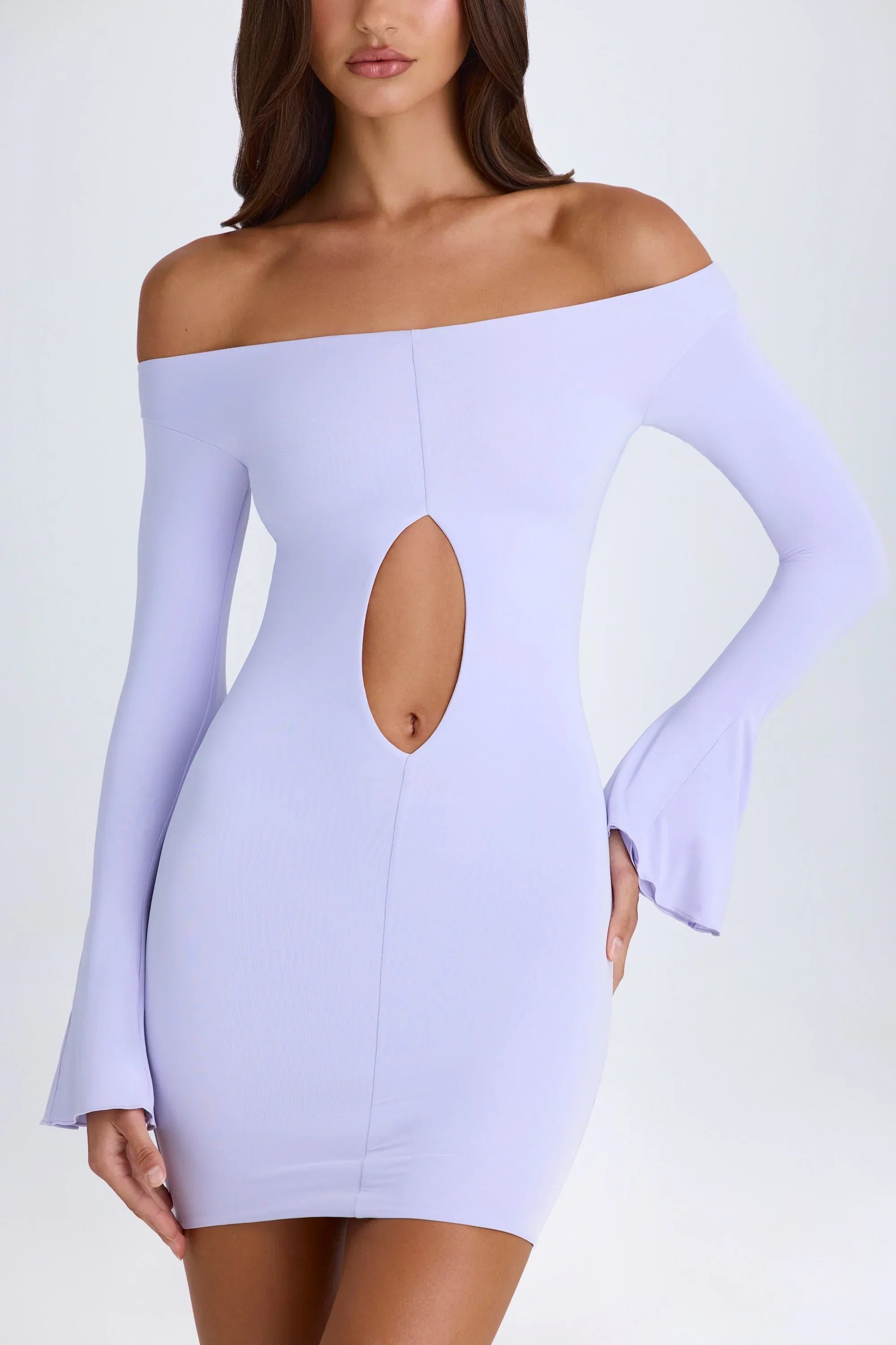 Off Shoulder Cut Out Mini Dress in Soft Lilac
