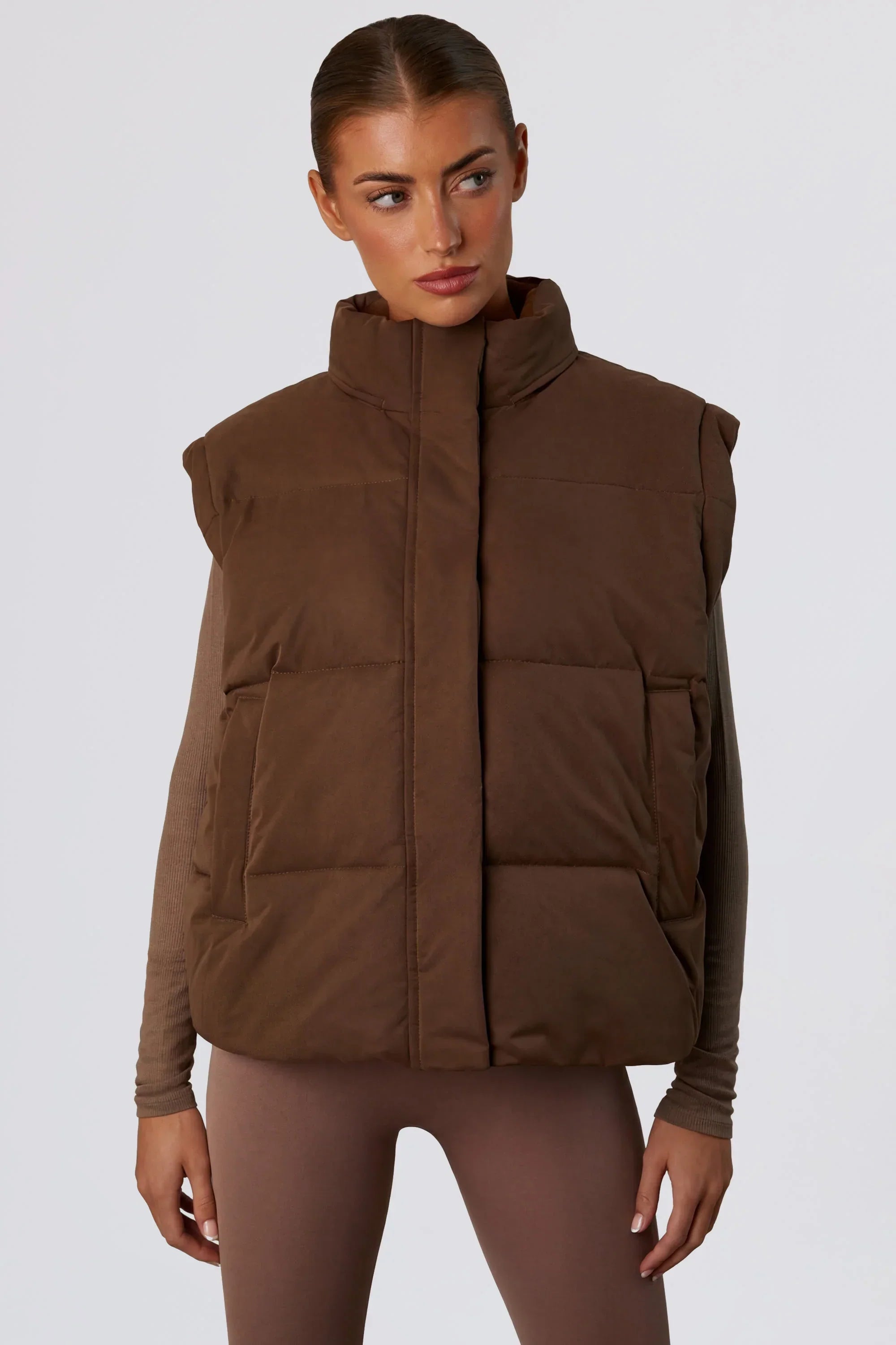 Cropped Puffer Jacket with Detachable Sleeves in Cocoa Brown