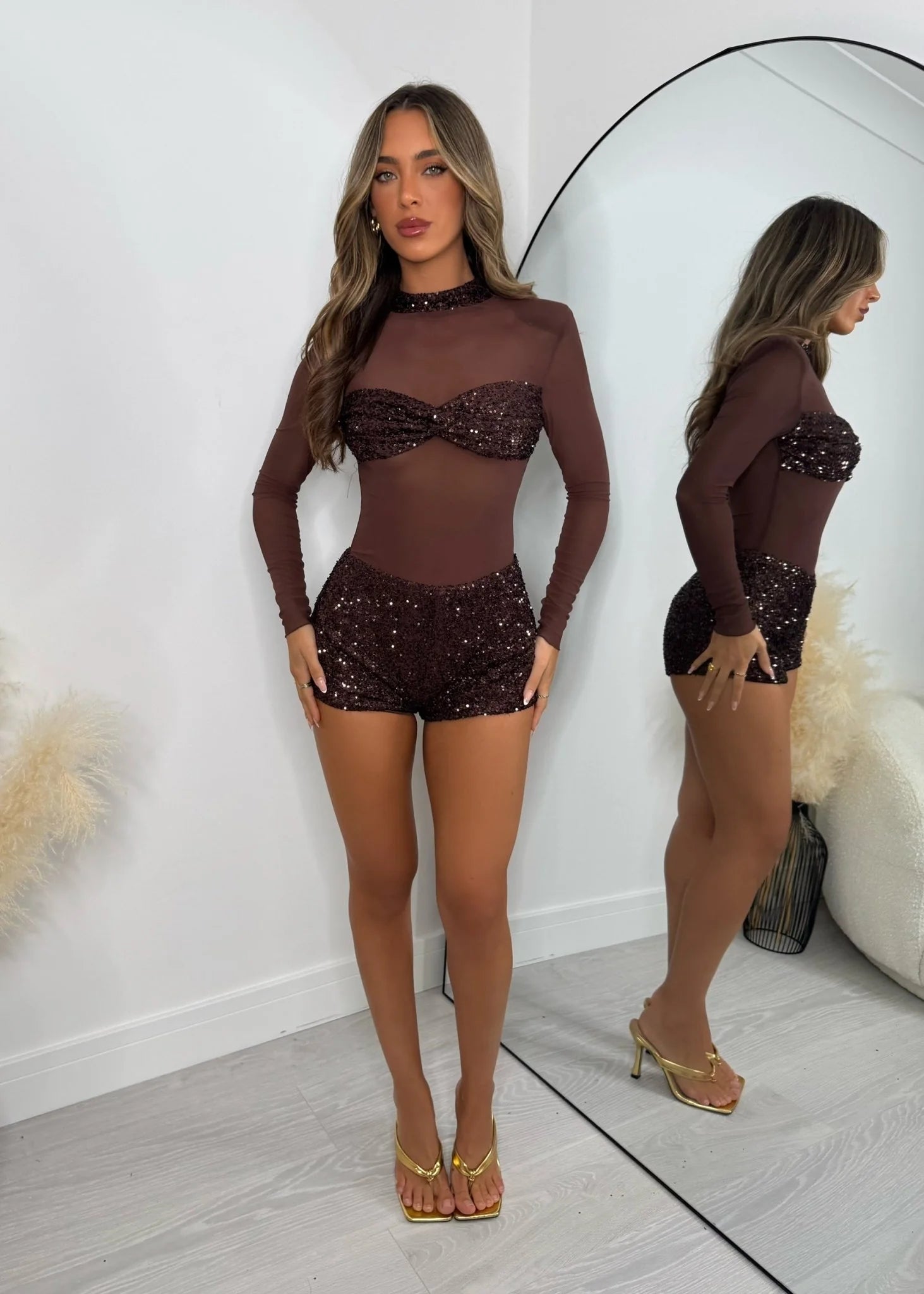 Sheer Grace Sequin Mesh Playsuit Brown