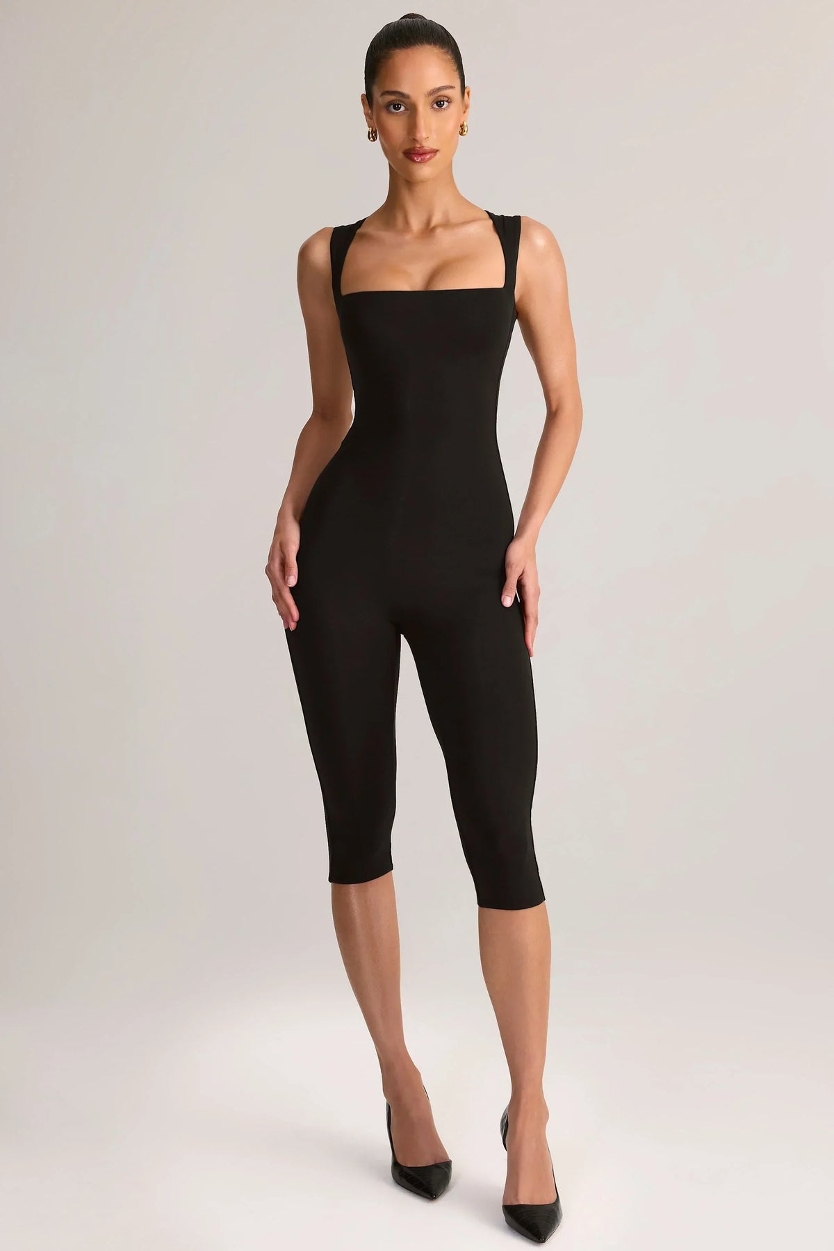 Modal Square Neck Bodycon Capri Jumpsuit in Black