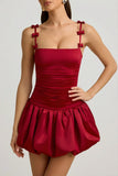 Bow Detail Ruched Bubble Hem Mini Dress in True Red