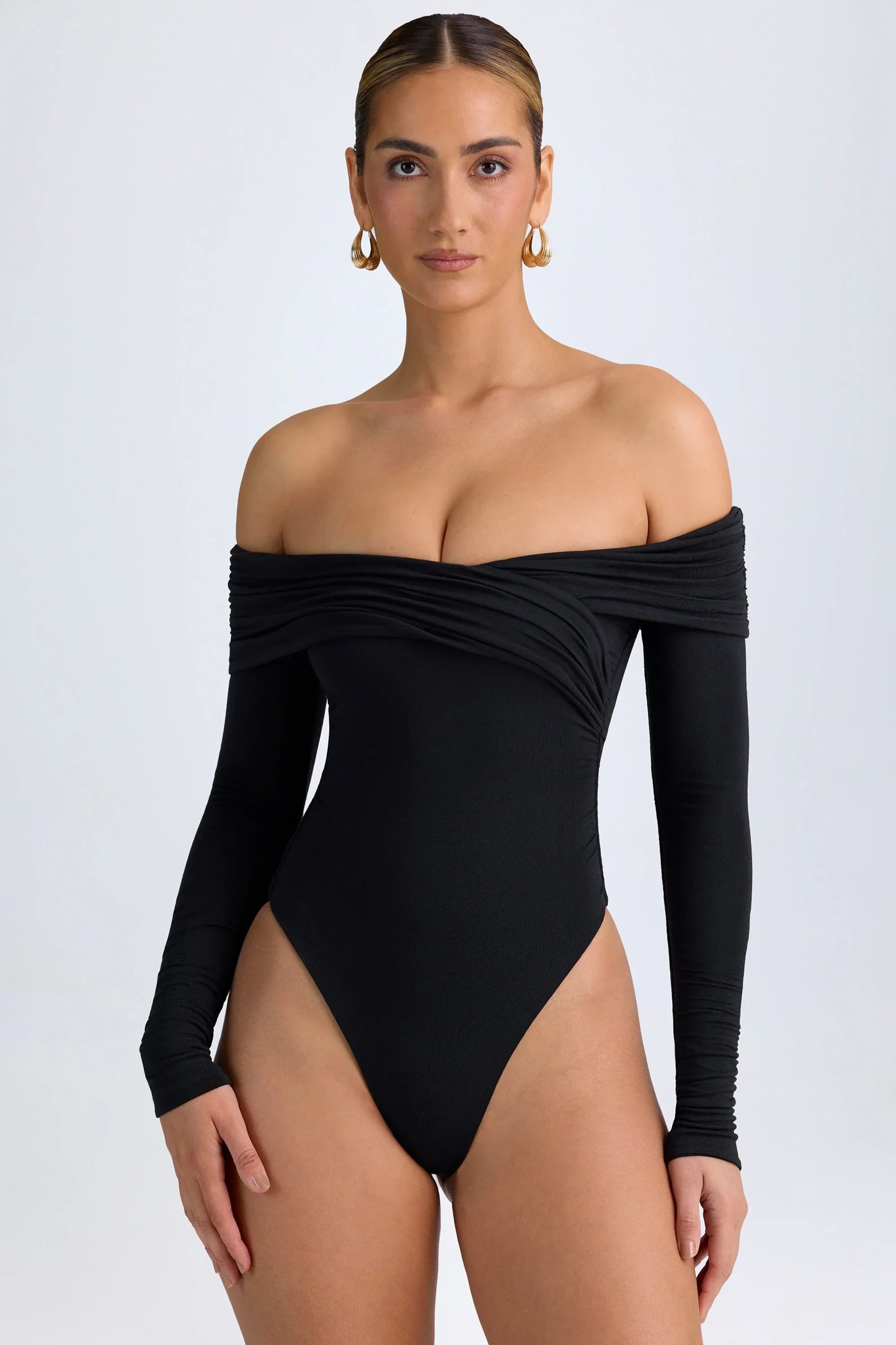 Modal Off Shoulder Ruched Bodysuit in Black