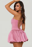 Halterneck Lace Up Bubble Hem Corset Micro Mini Dress in Mauve