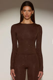 Embellished Crew Neck Long Sleeve Top in Chocolate Brown