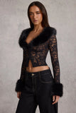 Sheer Lace Faux Fur Trim Cardigan in Black