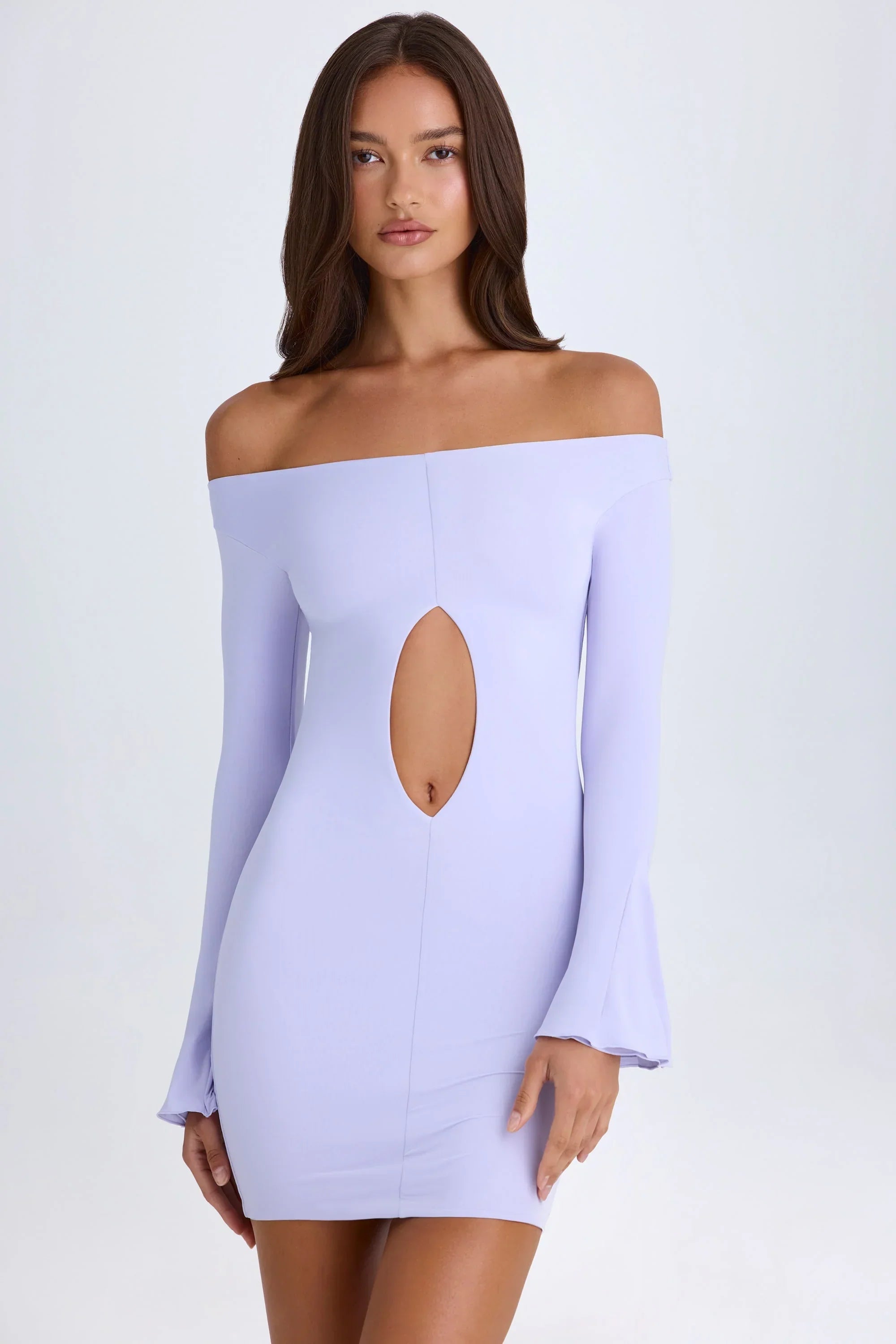 Off Shoulder Cut Out Mini Dress in Soft Lilac
