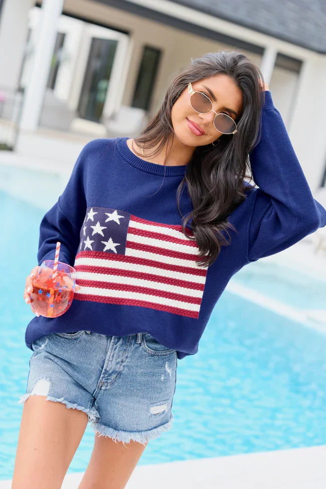 Home Of The Free Navy Textured Flag Sweater