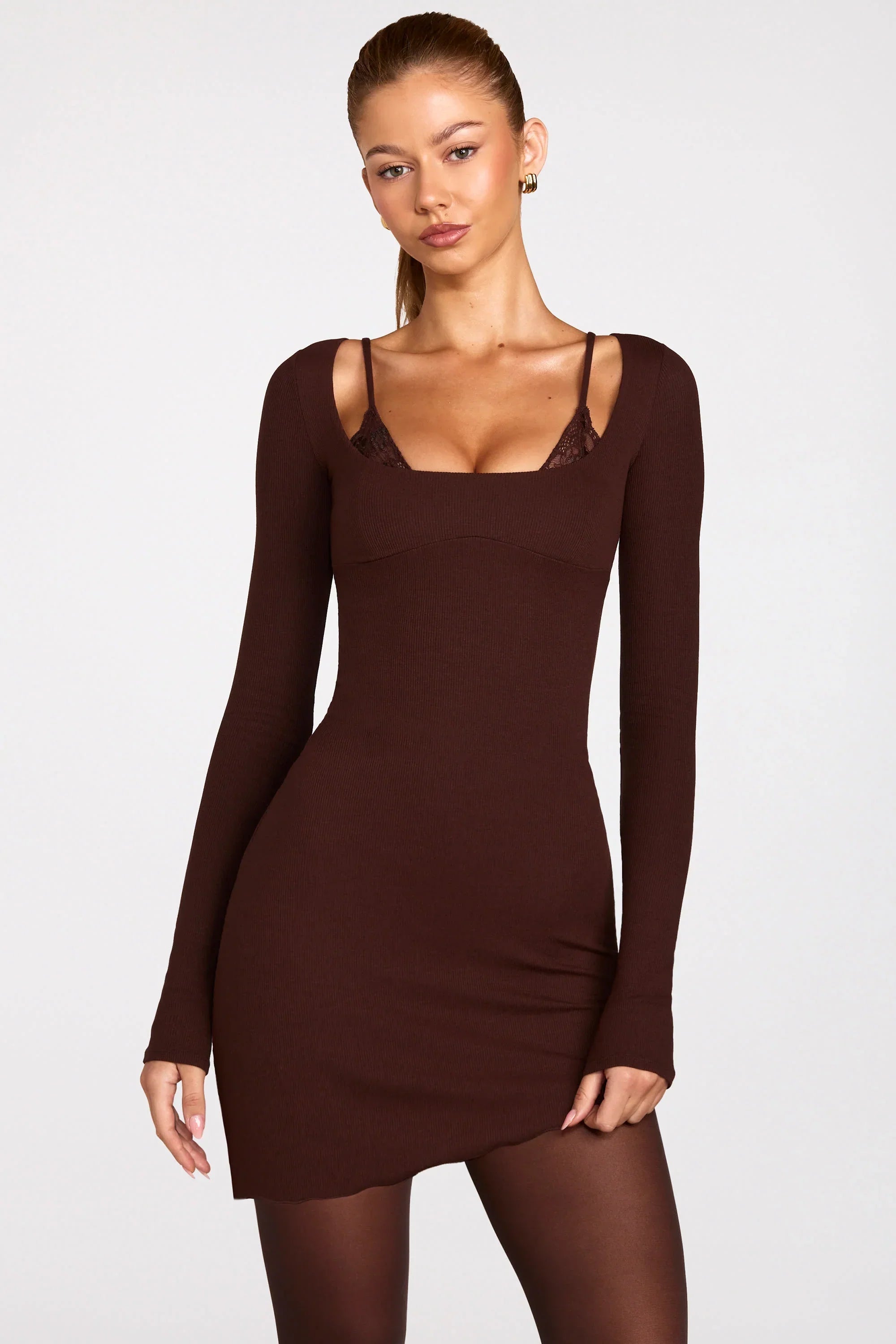 Ribbed Modal Long Sleeve Laced Bra Mini Dress in Chocolate Brown