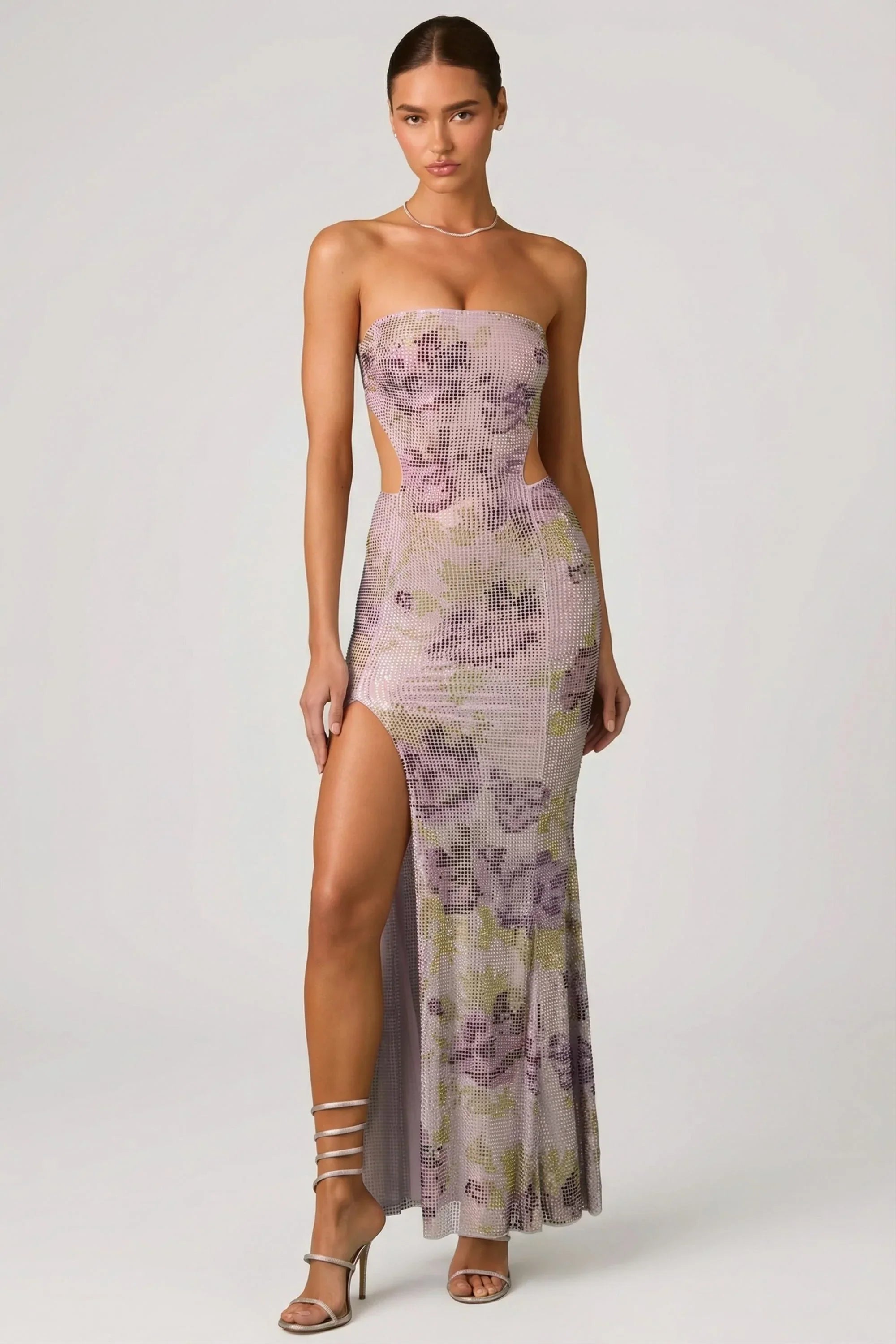 Embellished Cut Out Fishtail Maxi Dress in Lilac