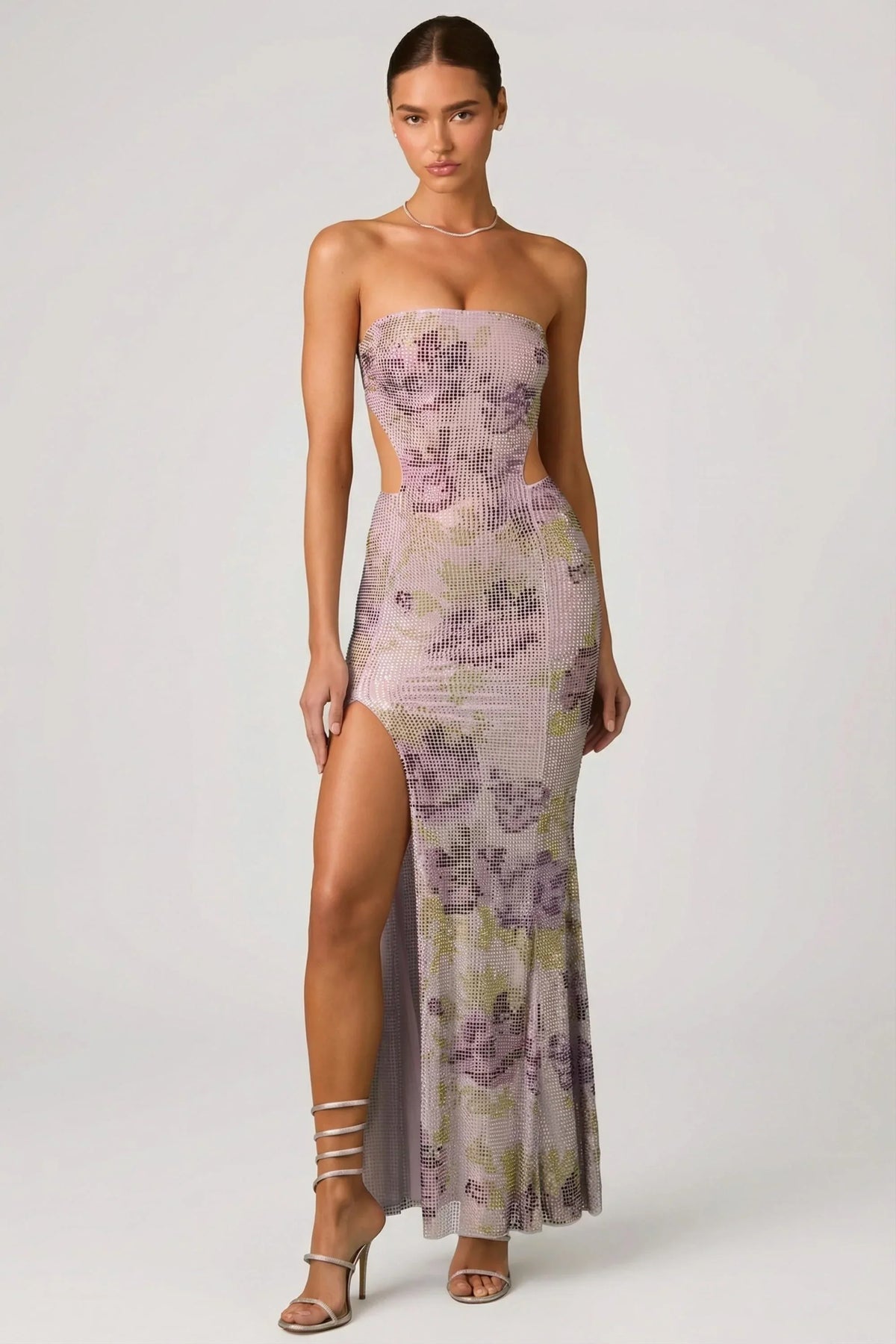 Embellished Cut Out Fishtail Maxi Dress in Lilac