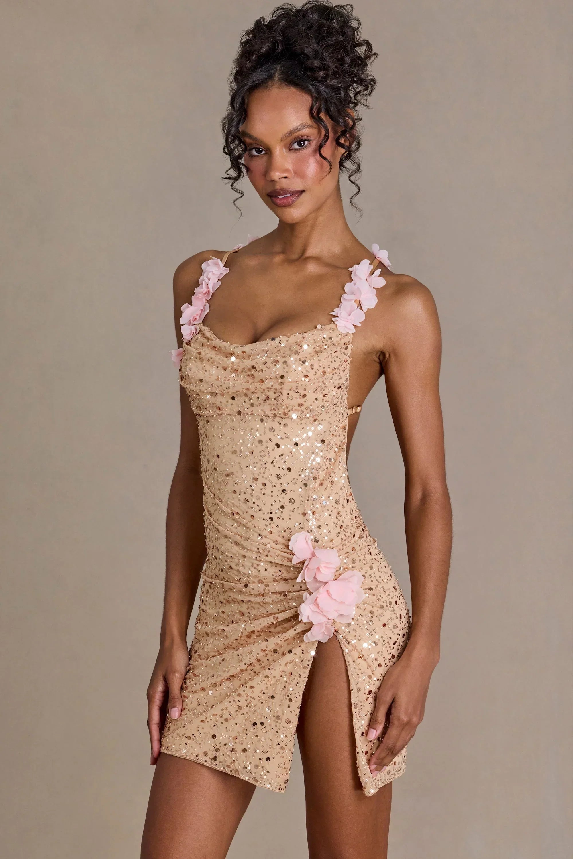 Embellished Open Back Mini Dress in Gold