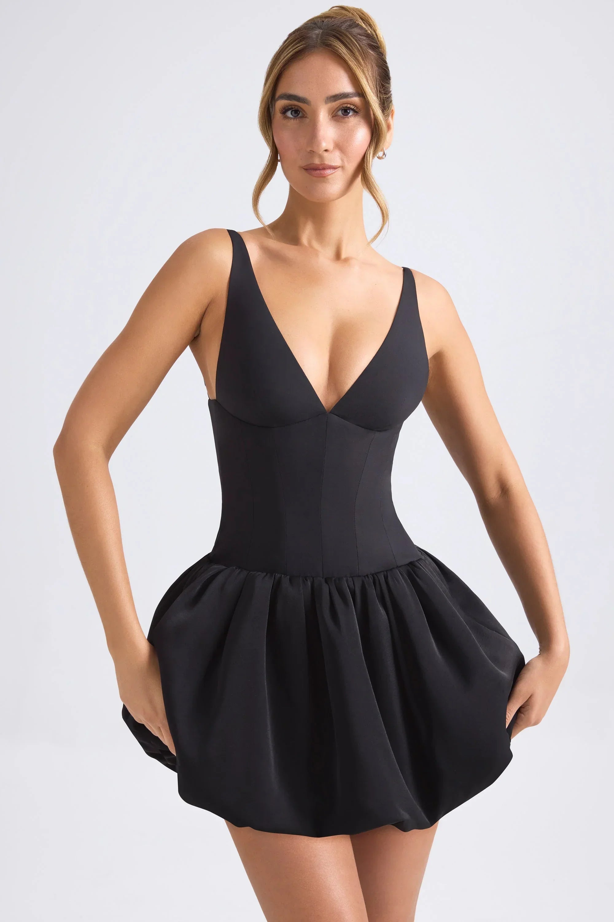 Lace Up Bubble Hem Corset Micro Mini Dress in Black