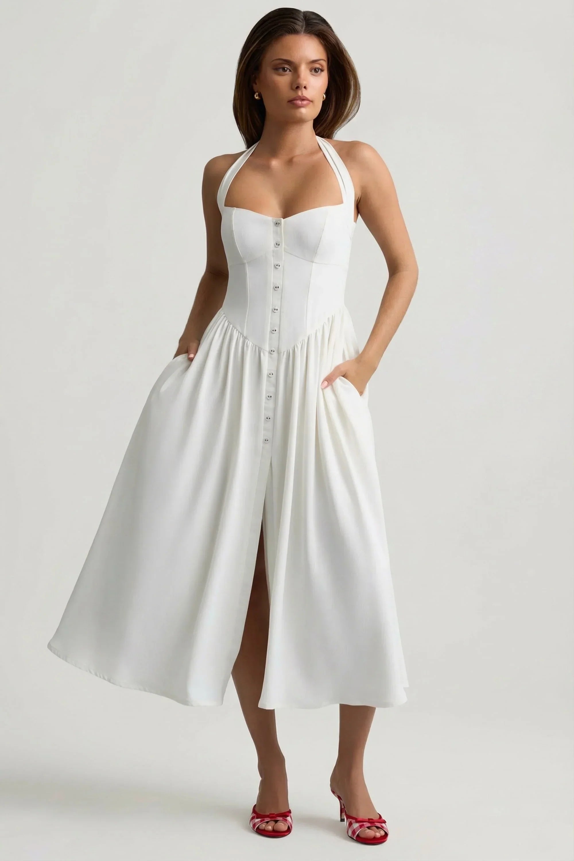 Button Detail Halterneck Midaxi Dress in White
