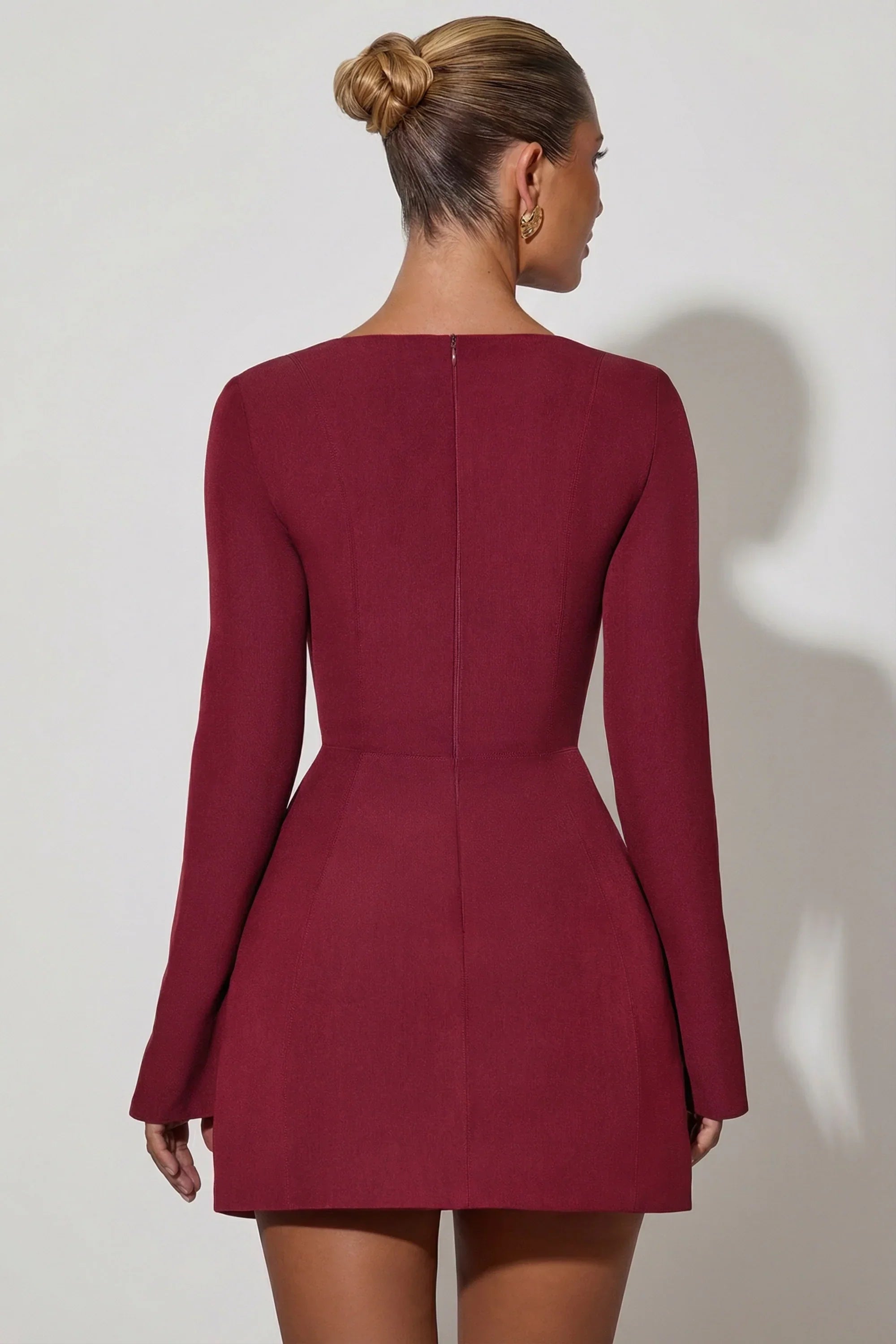 Square Neck Structured Tulip Mini Dress in Wine Red