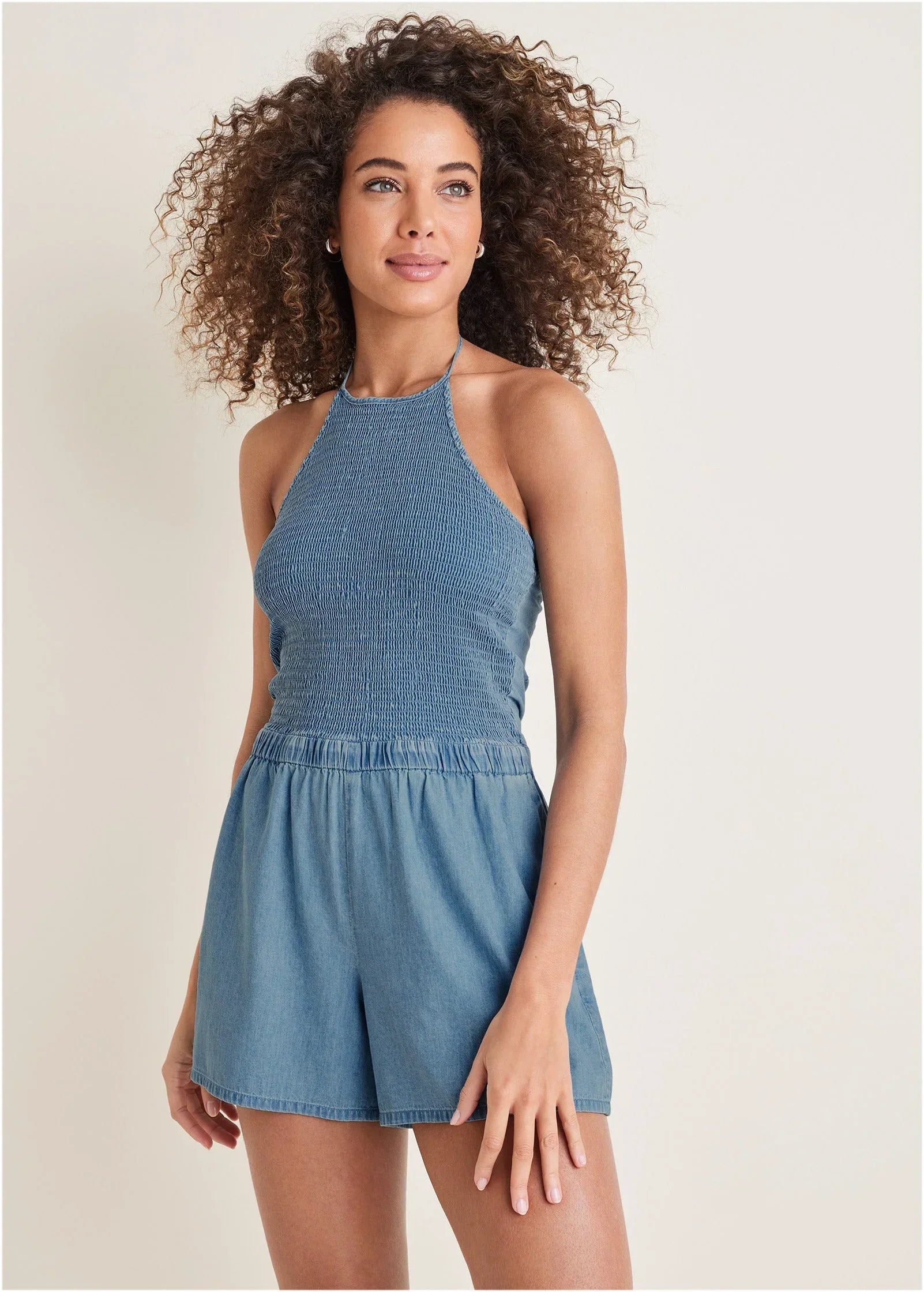 Smocked Chambray Romper Medium Wash