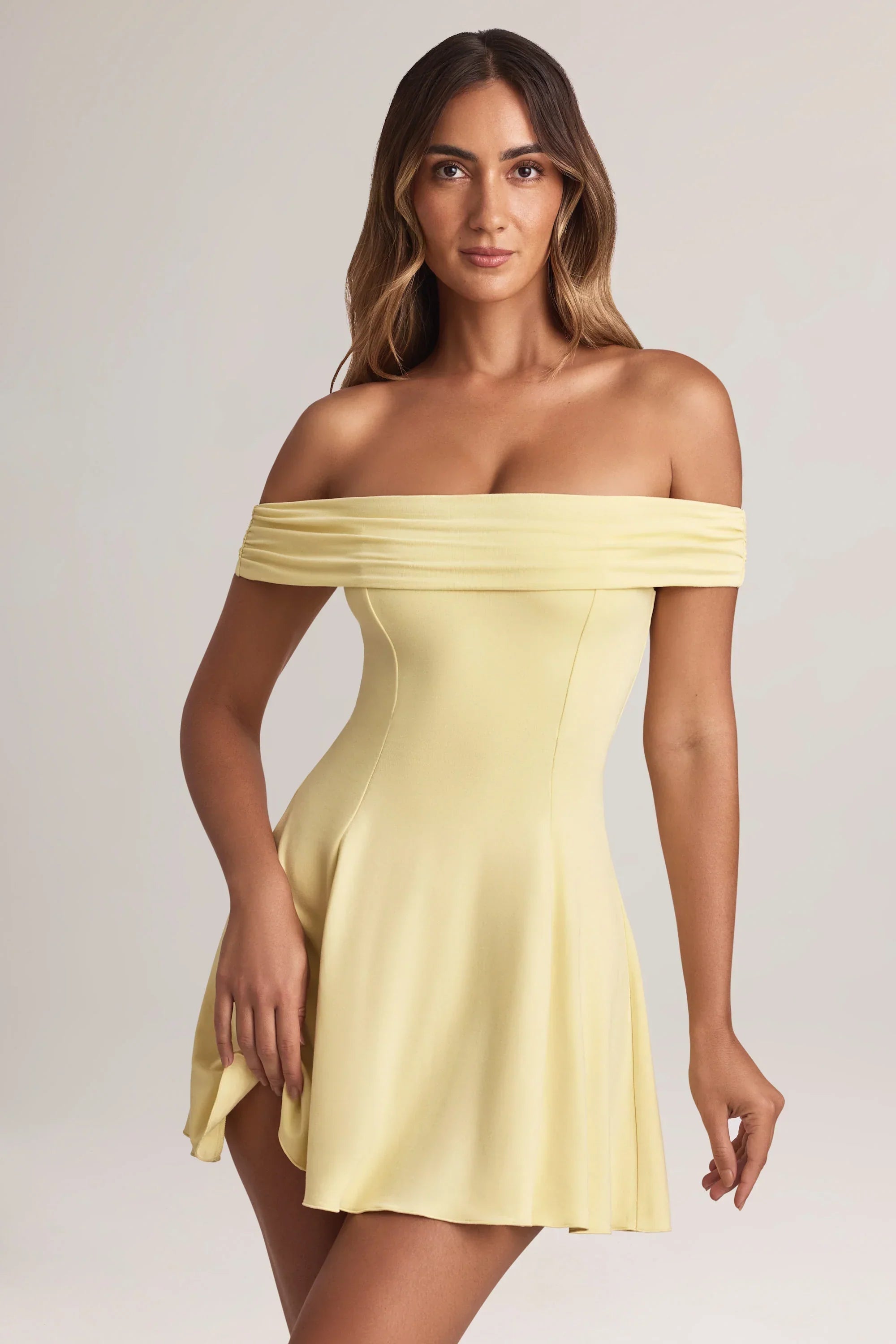 Modal Off Shoulder A Line Mini Dress in Lemon Sherbet