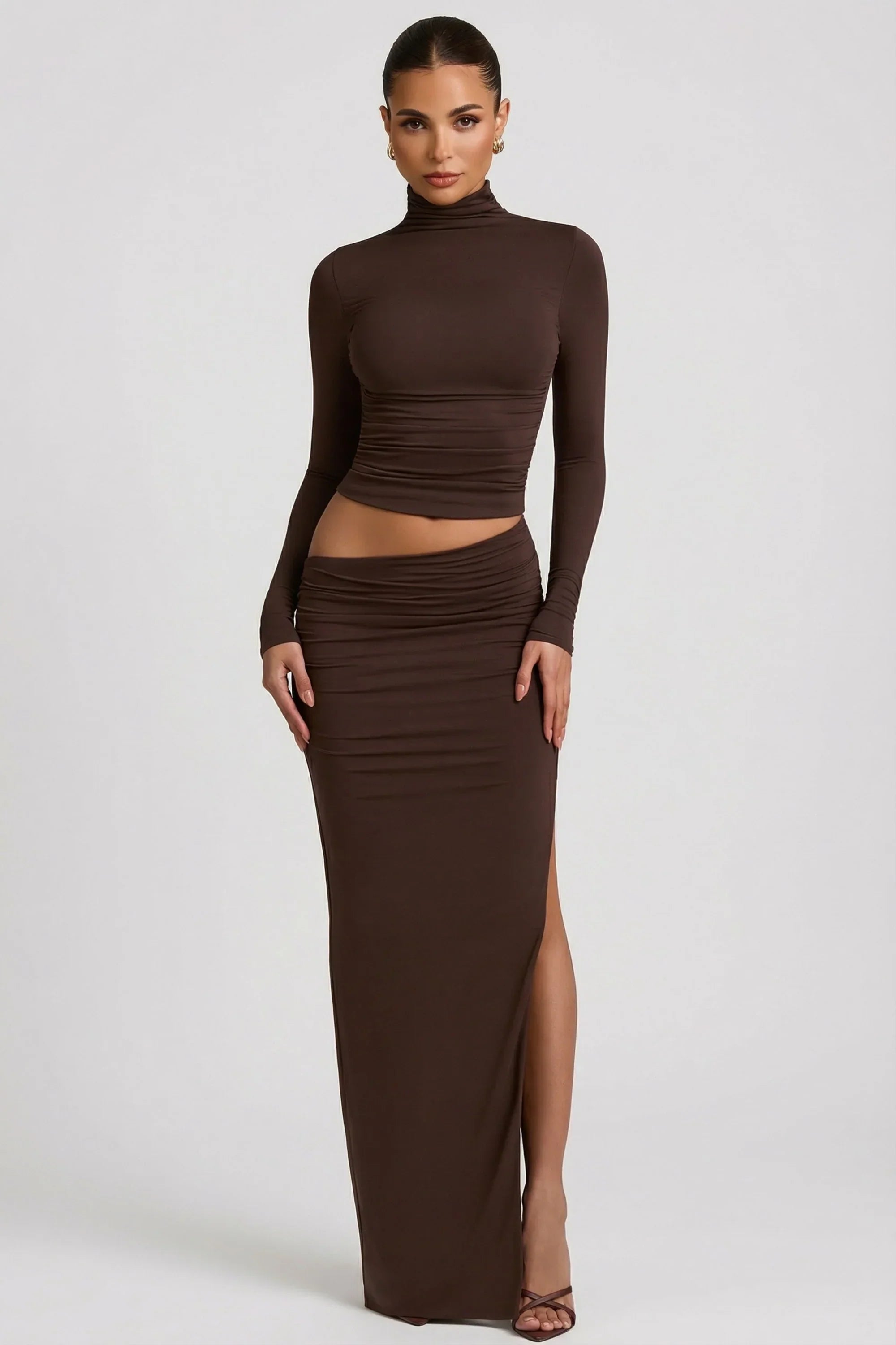 Modal Asymmetric Waist Maxi Skirt in Chocolate Brown