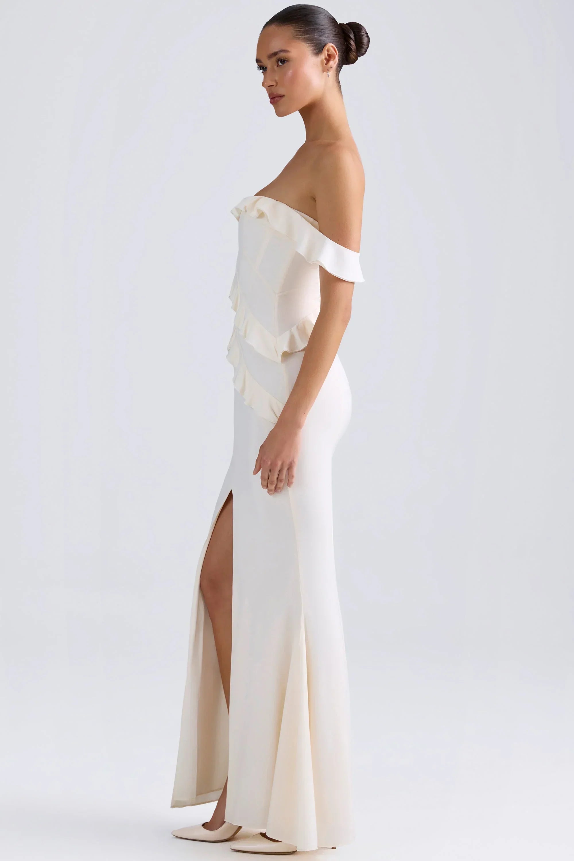 Off Shoulder Ruffle Trim Gown in Ivory