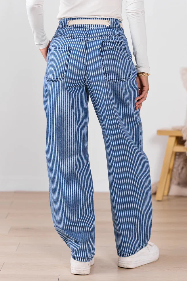 Olivia Navy Pinstripe Barrel Jeans SALE