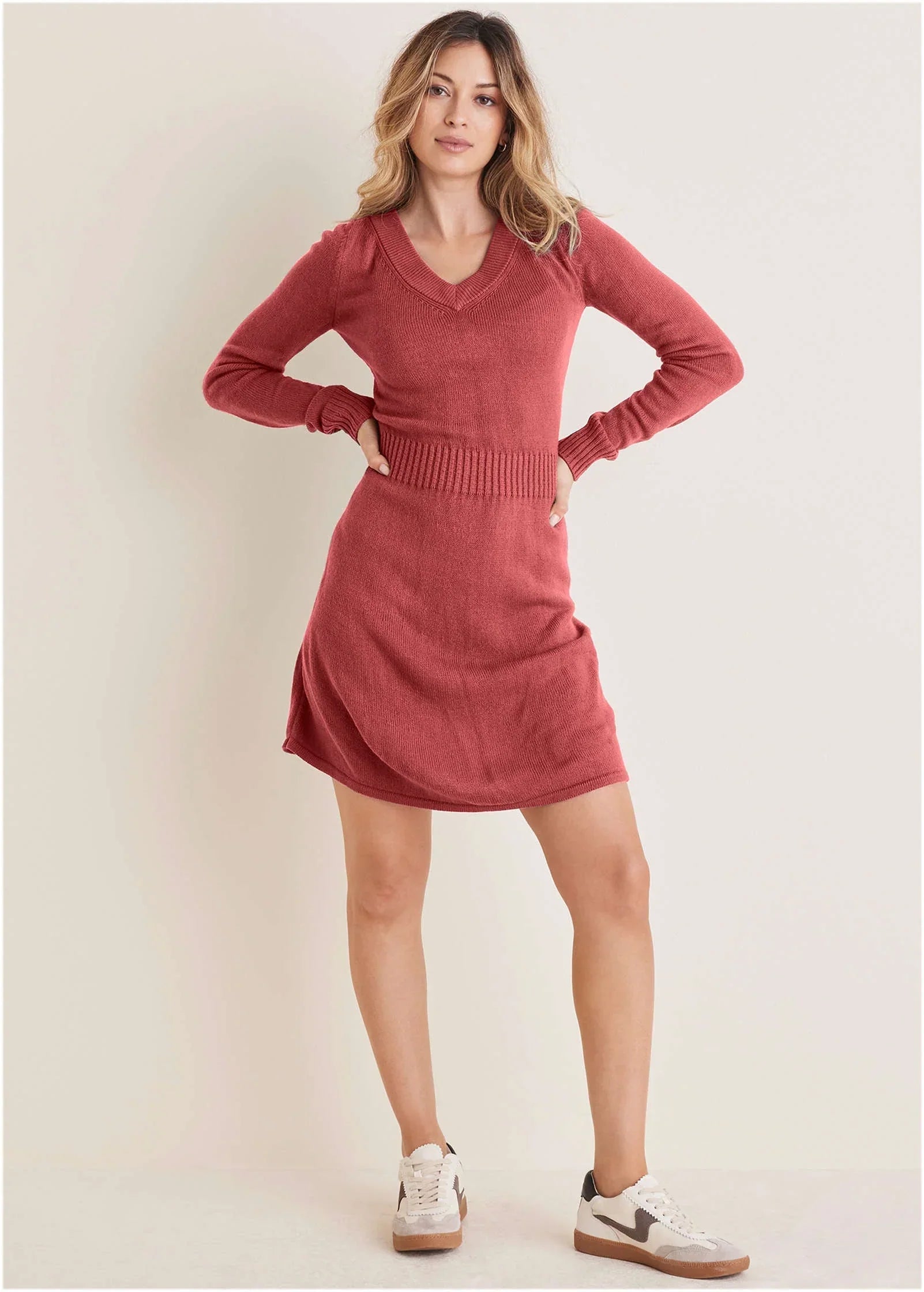 V Neck Mini Sweater Dress Mineral Red