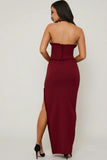 Halterneck Lace Up Corset Maxi Dress in Berry Red