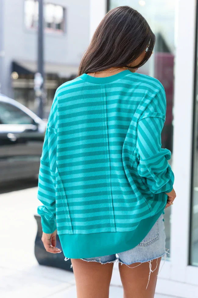 Kara Turquoise Stripe Waffle Pullover
