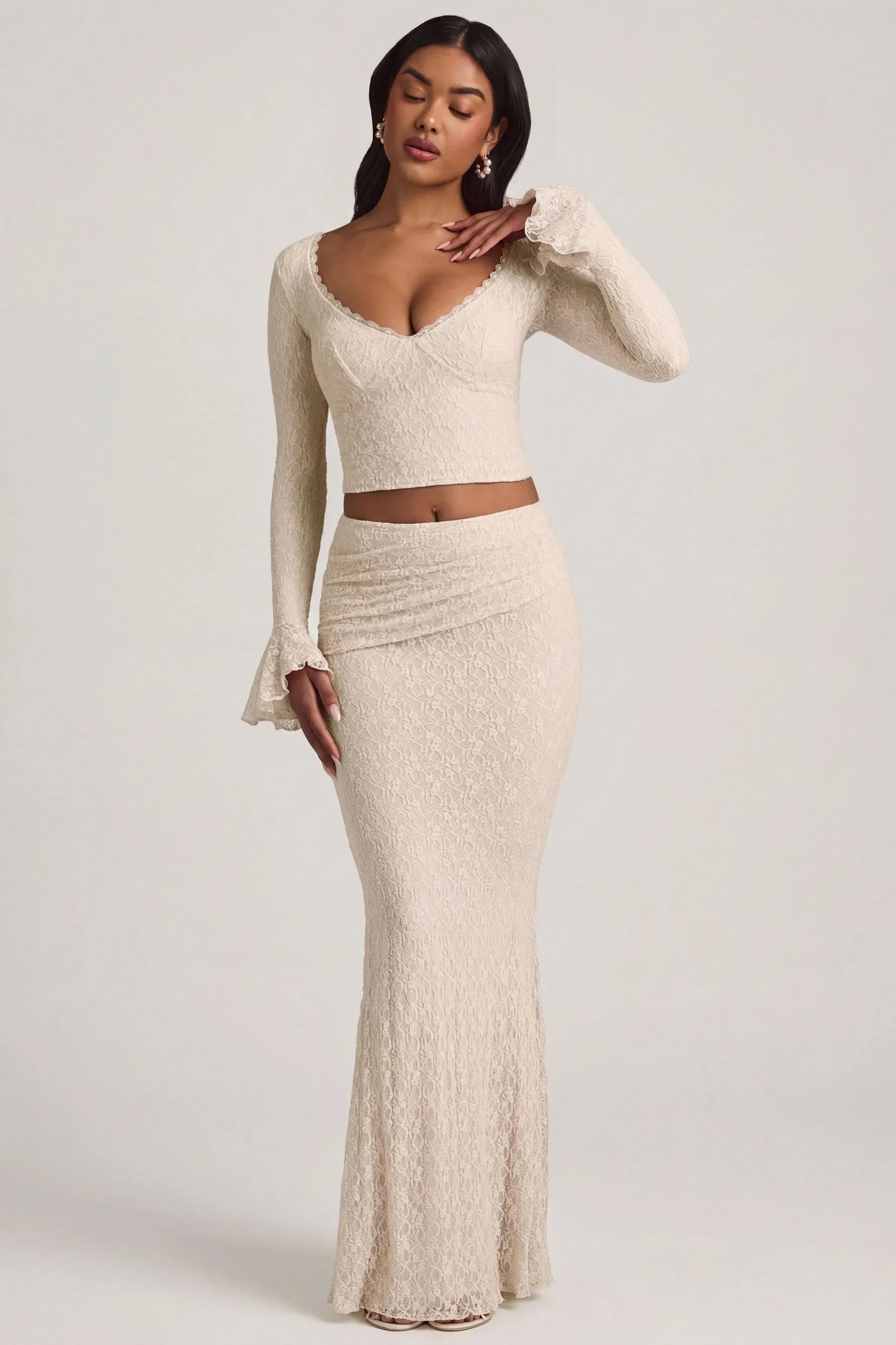 Draped Low Rise Lace Maxi Skirt in Ivory