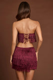 Fringed Mid Rise Mini Skirt in Wine Red