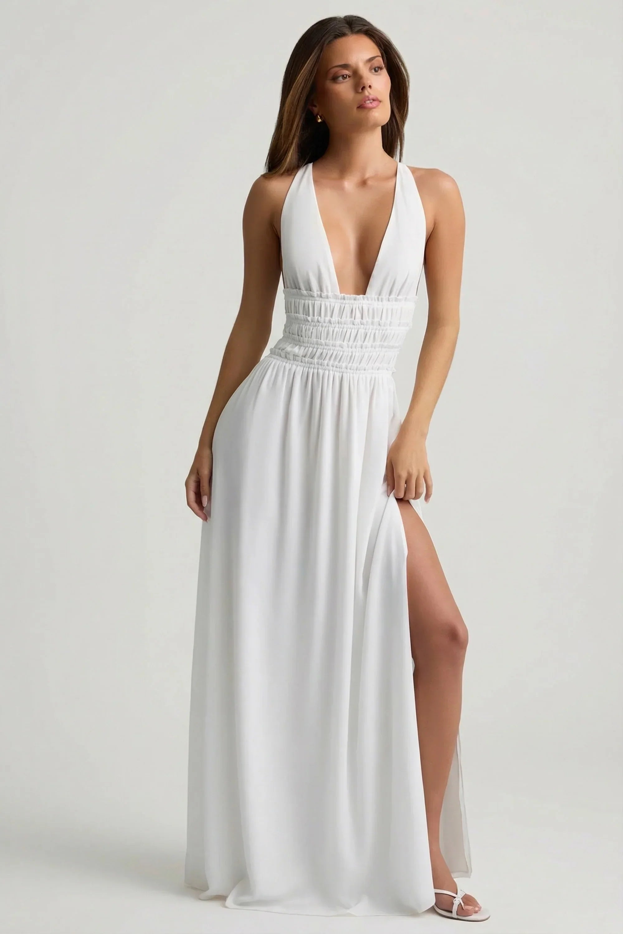 Plunge Cross Back Maxi Dress in White