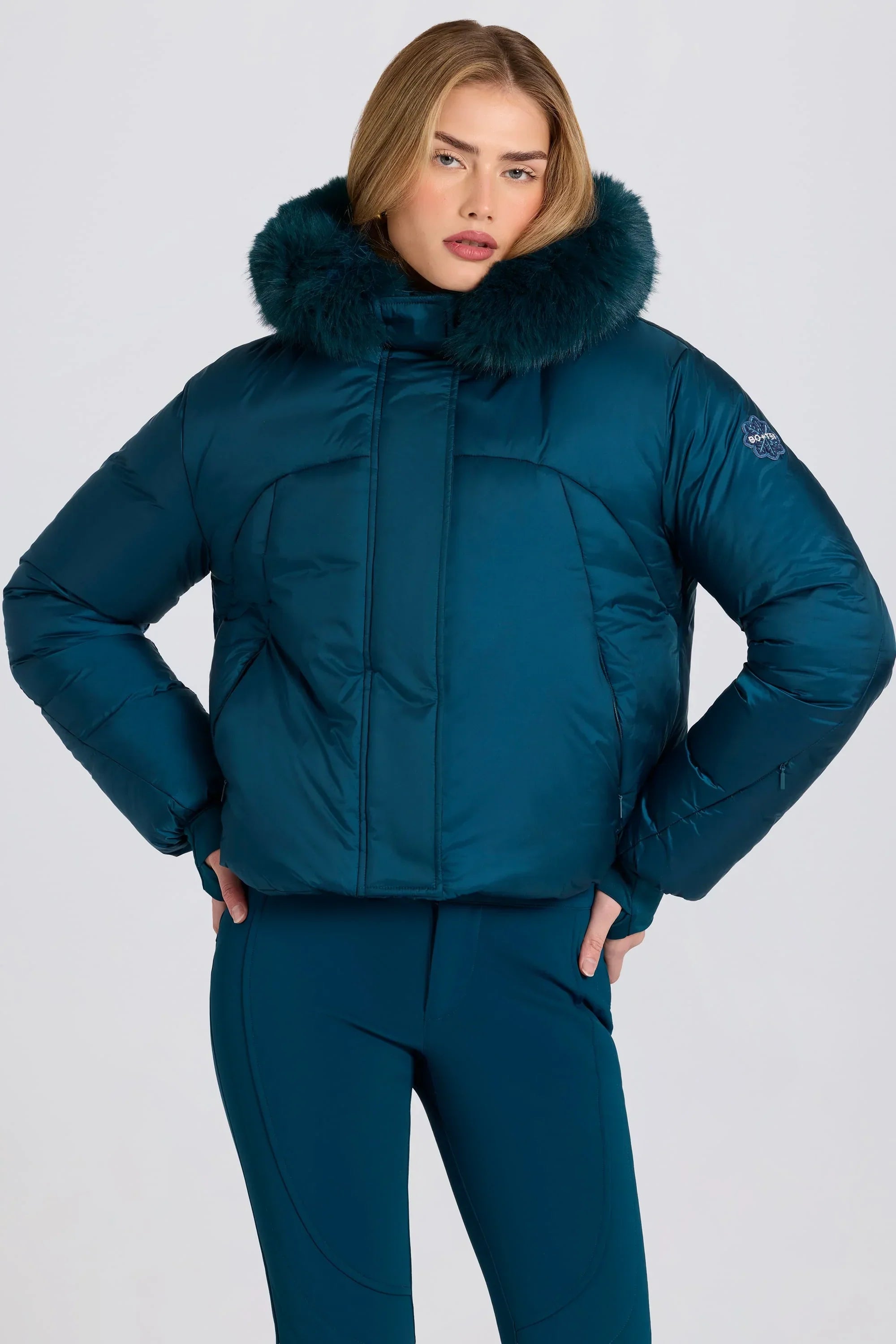 Waterproof Faux Fur Hood Cropped Ski Jacket in Teal
