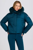 Waterproof Faux Fur Hood Cropped Ski Jacket in Teal