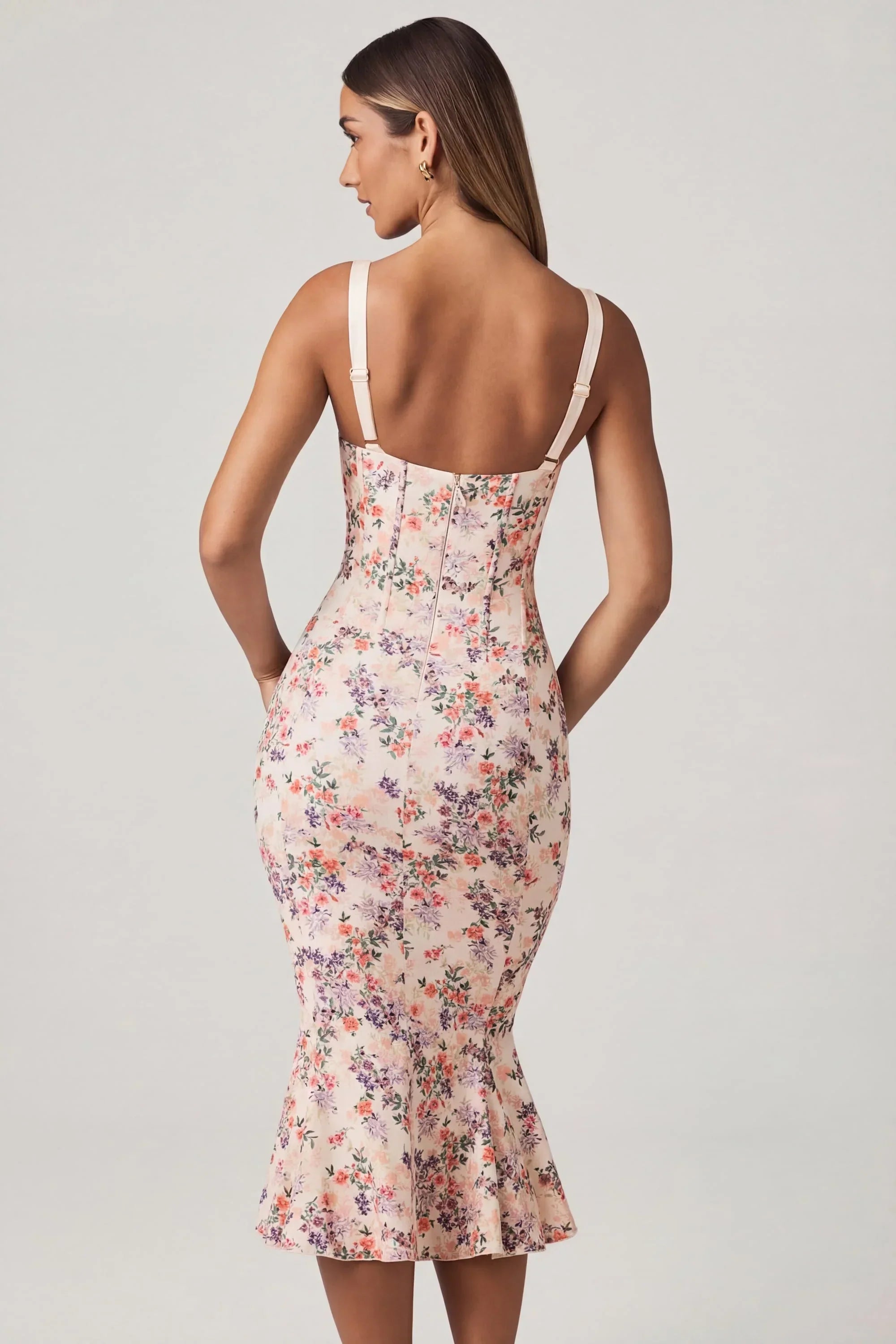 Layered Bra Detail Fishtail Midaxi Dress in Primrose Floral Print