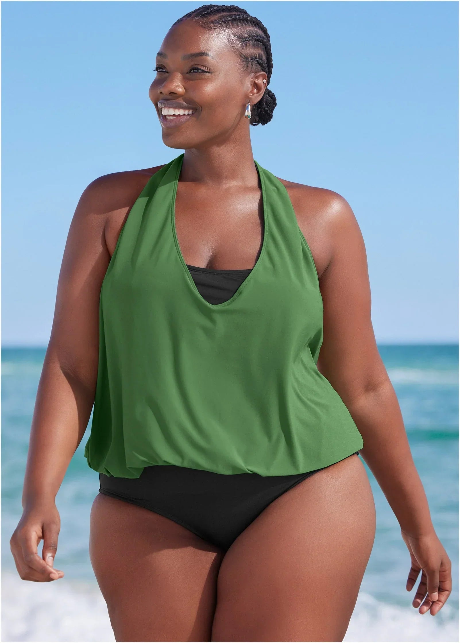 Cowl Neck Twofer One Piece Everglades Green Black