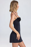 Halterneck Ruffle Appliqué A Line Mini Dress in Black
