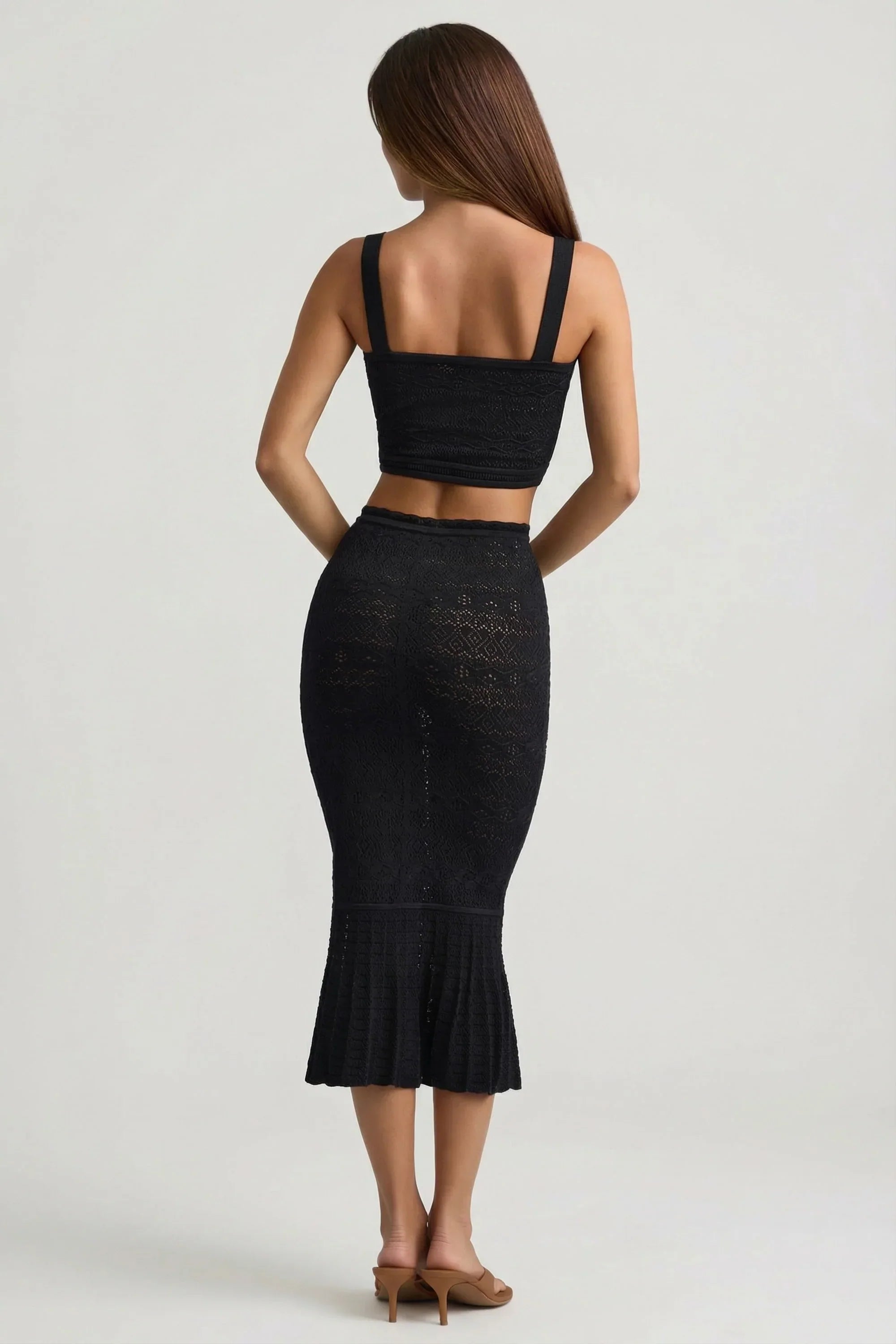 Ruffle Trim Pointelle Knit Midaxi Skirt in Black