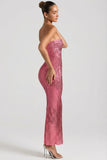 Embellished Strapless Bandeau Maxi Dress in Watermelon
