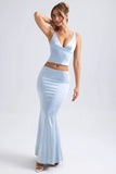 Mid Rise Fishtail Maxi Skirt in Light Blue