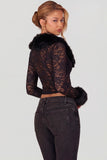Sheer Lace Faux Fur Trim Cardigan in Black