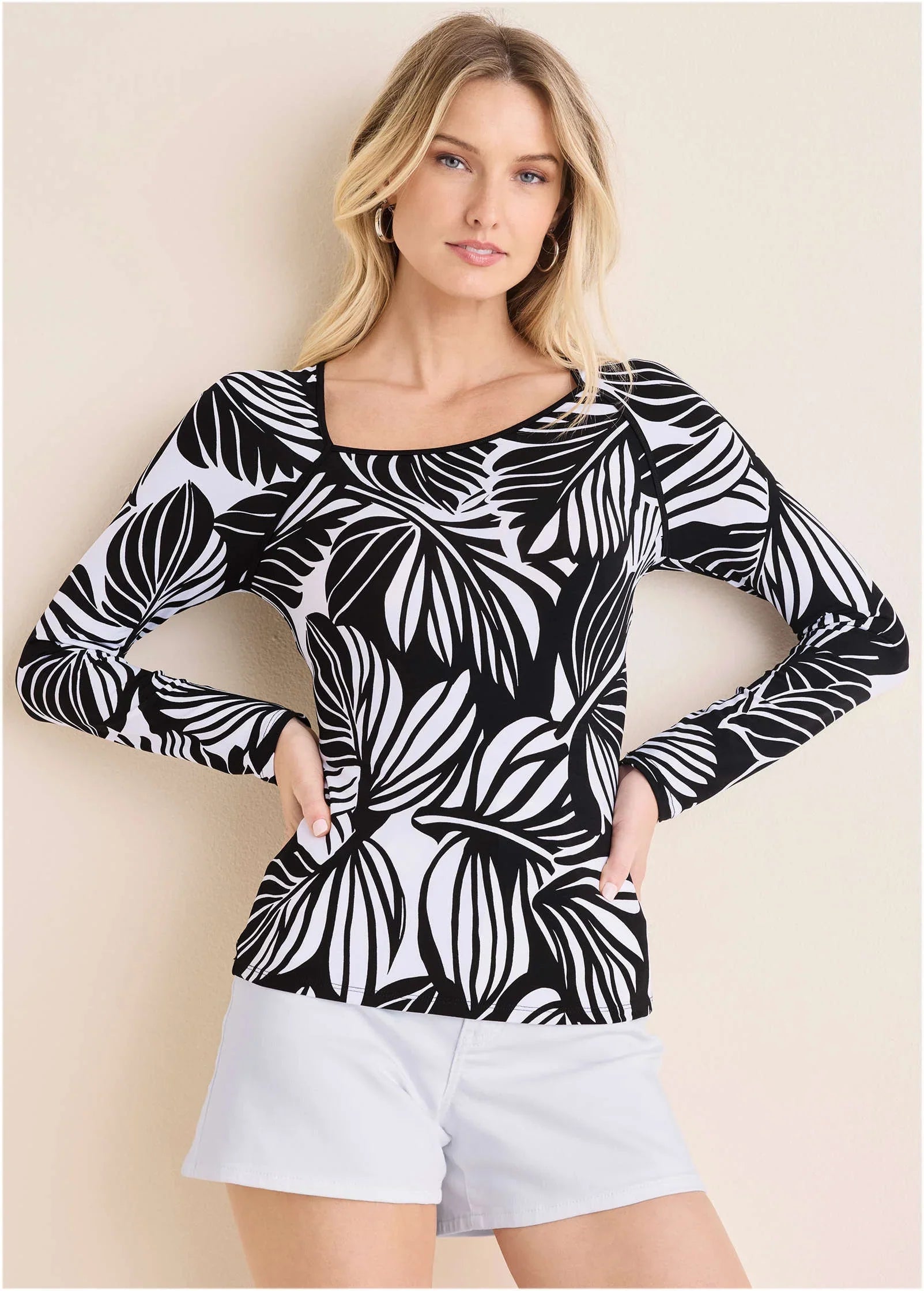 Asymmetric Neck Top Black Contrast Bold Leaves