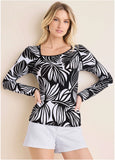 Asymmetric Neck Top Black Contrast Bold Leaves