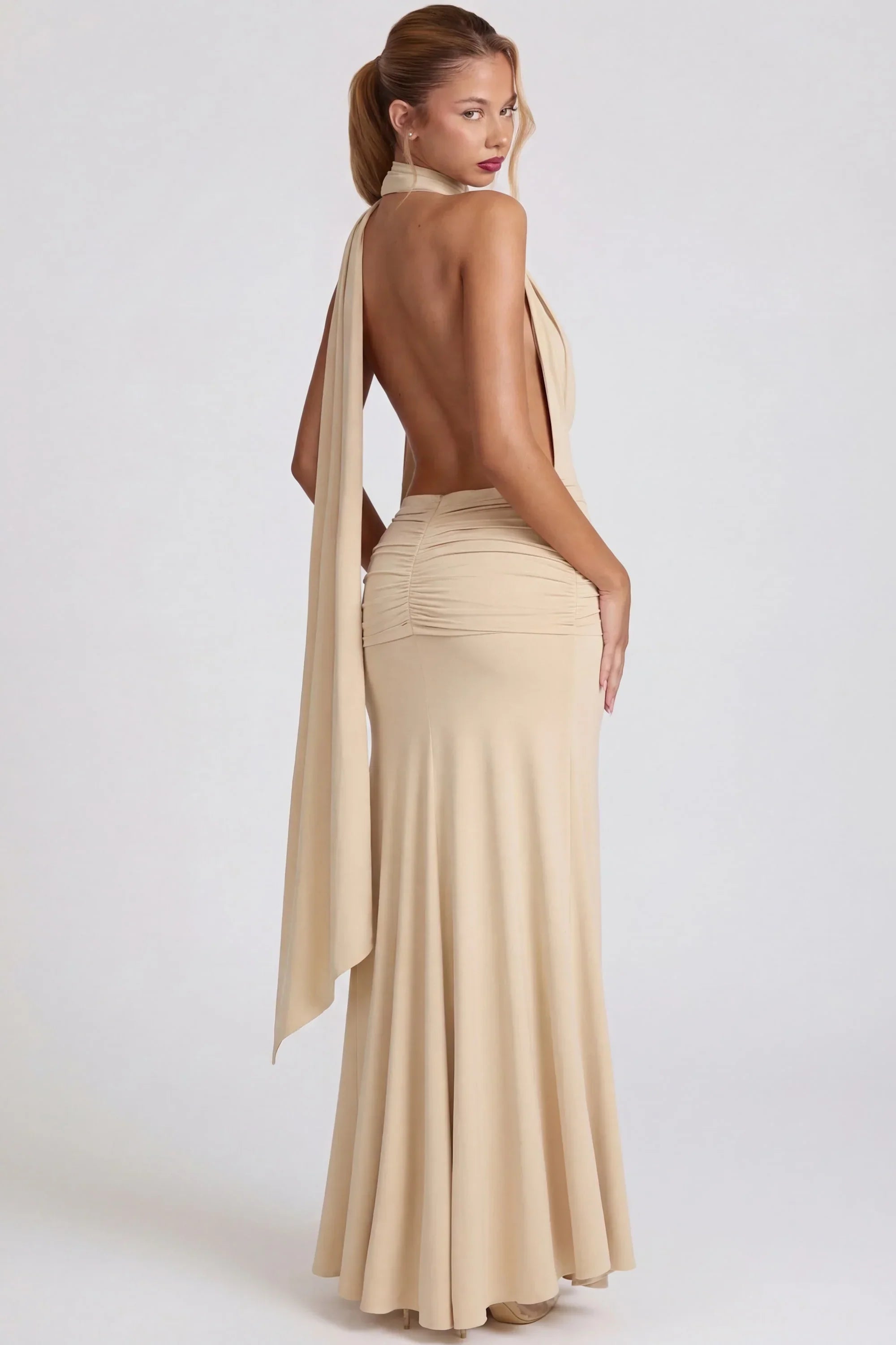Soft Jersey Plunge Halterneck Maxi Dress in Champagne