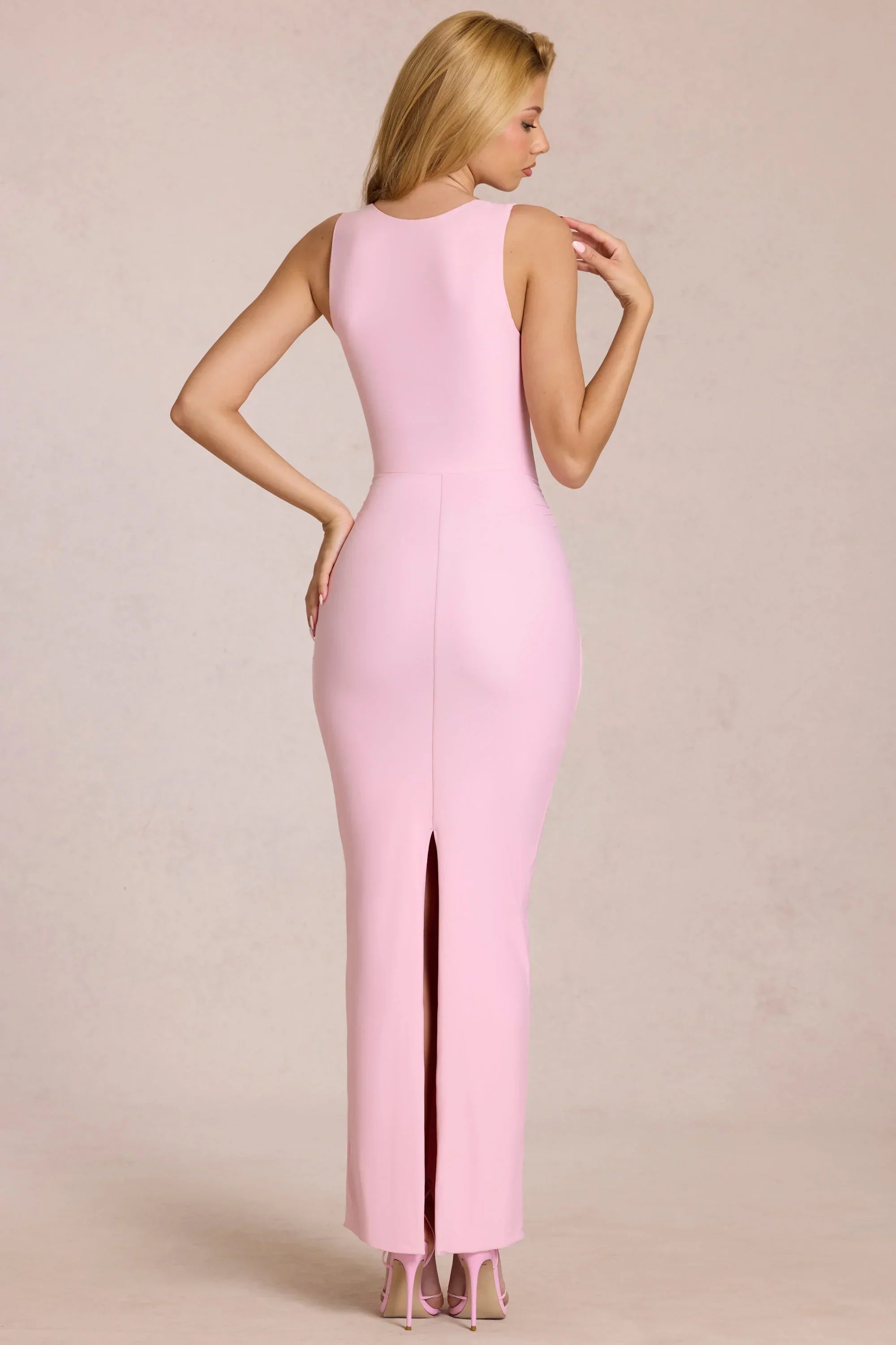Square Neck Tie Gather Maxi Dress in Blossom Pink