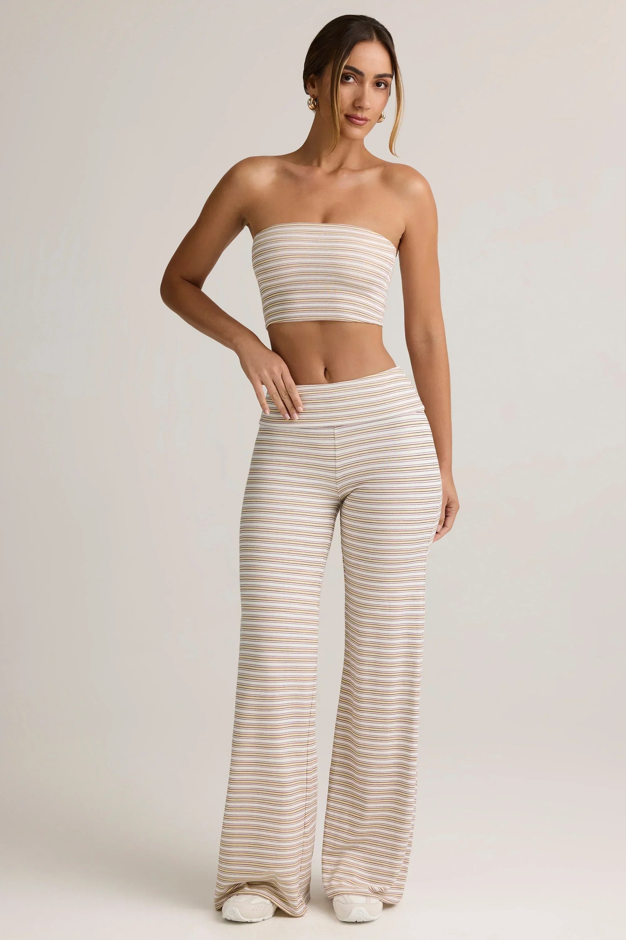 Modal Foldover Wide Leg Trousers in Pink Yellow Stripe